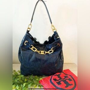 TORY BURCH PYTHON EMBOSSED HIGH SHINE LEATHER HOBO BAG DEEP NAVY